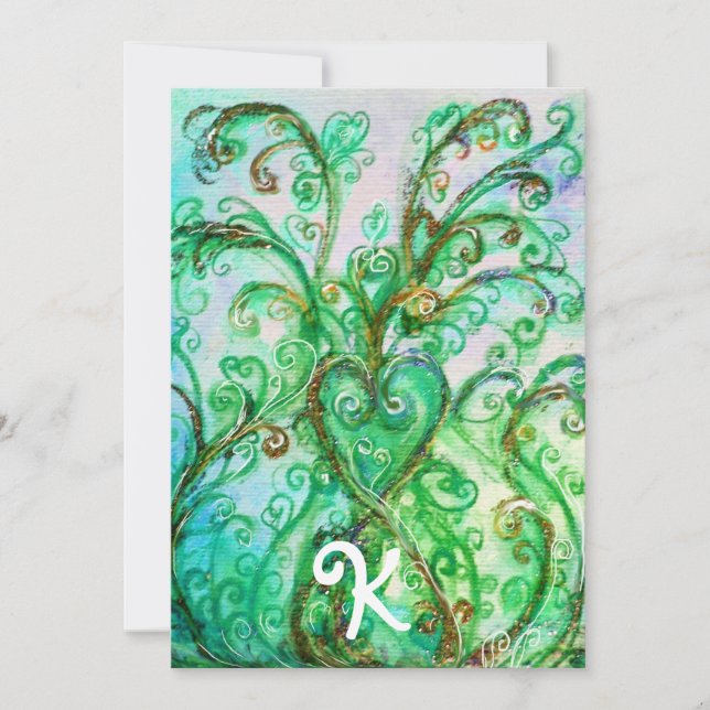 INVITATION MONOGRAMME FLORAL CŒUR FLEURIS VERT WHIMSICAL (Devant)