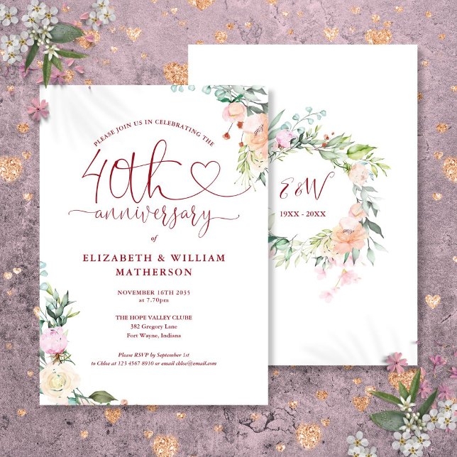 Invitation Monogramme floral cœur rubis 40e anniversaire (40th Anniversary Ruby Heart Floral Monogram Invitation)