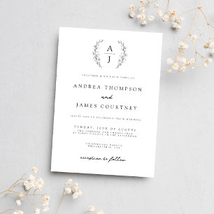 Invitation Monogramme Floral Crest Mariage noir et blanc