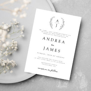 Invitation Monogramme Floral Crest noir blanc Mariage officie