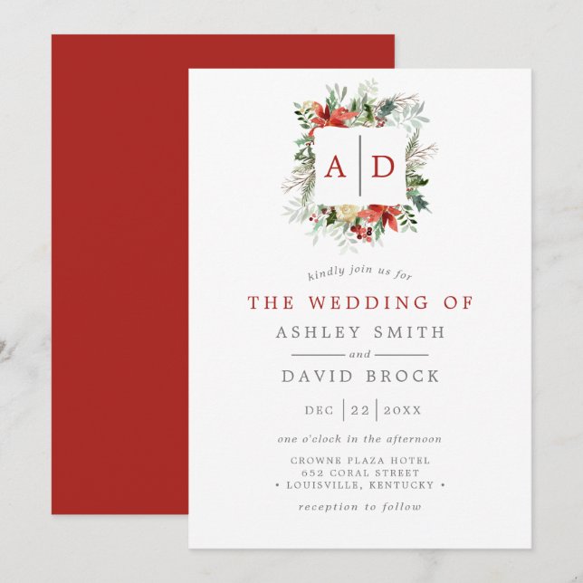Invitation Monogramme Floral de Noël Rouge et Vert Mariage (Devant / Derrière)