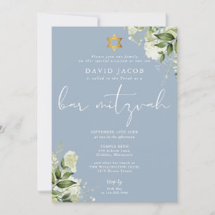 Invitation Monogramme floral de verdure Bar Mitzvah bleu
