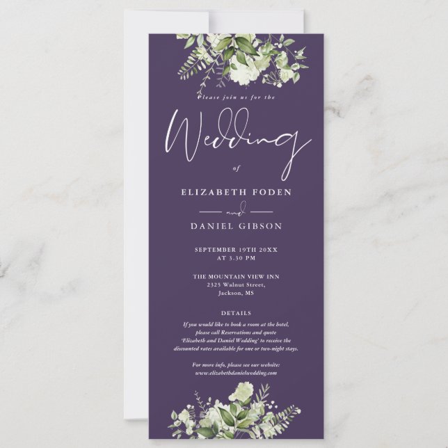Invitation Monogramme floral de verdure Détails Mariage Viole (Devant)