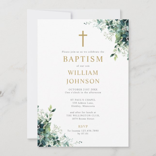 Invitation Monogramme Floral de Verdure d'Eucalyptus Baptême (Devant)