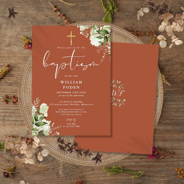 Invitation Monogramme floral de verdure en terre cuite pour b (Terracotta Greenery Floral Monogram Baptism Invitation)