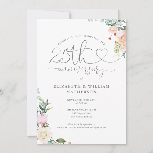 Invitation Monogramme floral du 25e anniversaire du script du (Devant)