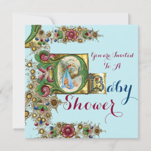 INVITATION MONOGRAMME FLORAL DU BABY SHOWER DE GARÇON BLEU GO