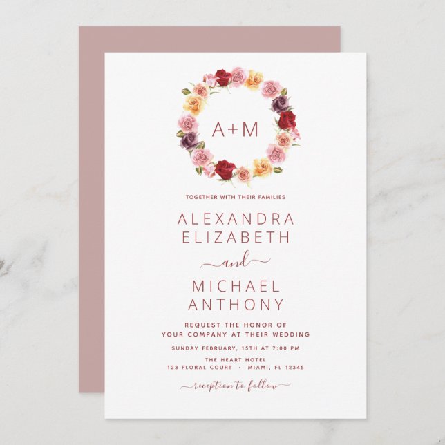 Invitation Monogramme Floral Dusty Rose rose Mariage (Devant / Derrière)