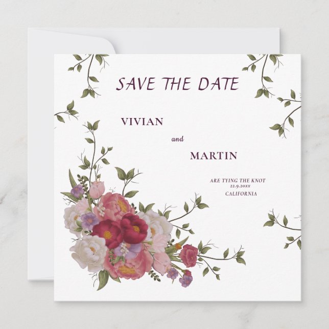 Invitation Monogramme floral élégant burgundy pour save the d (Devant)