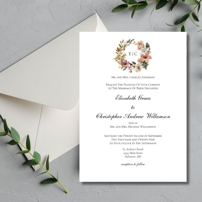 Invitation Monogramme Floral Mariage Formel Élégant Tradition (Floral Monogram Crest elegant traditional minimalist classic wedding invitation. Printed or Digital)