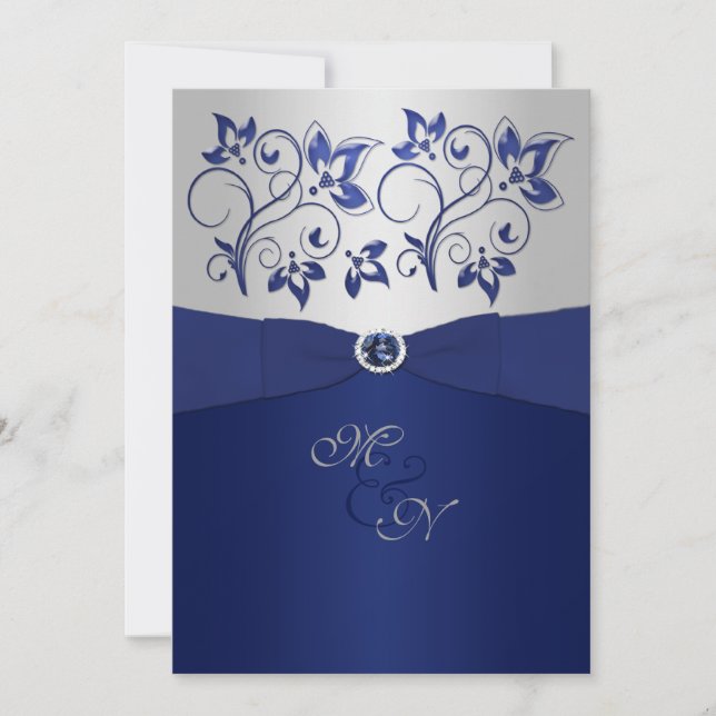 Invitation Monogramme floral marine et argent (Devant)