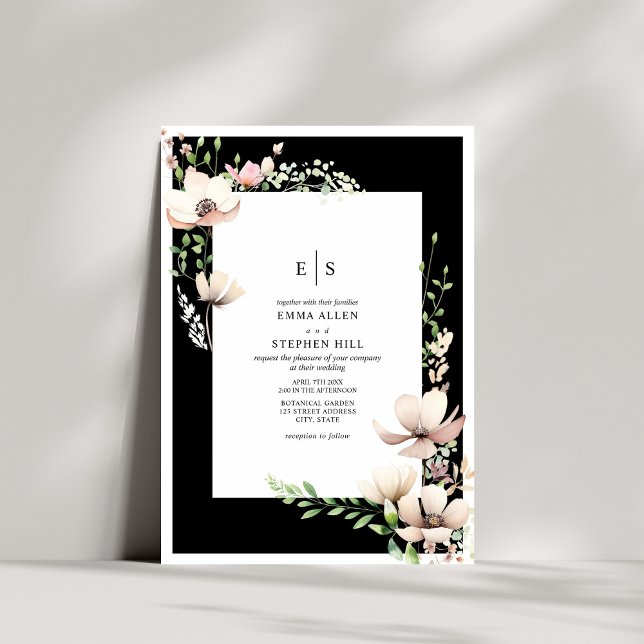 Invitation Monogramme Floral noir & blanc Mariage botanique (Créateur téléchargé)