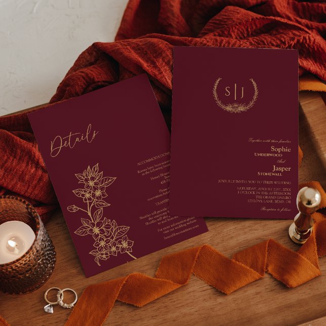 Invitation Monogramme Floral Or Bourgogne Tout en un Mariage (Créateur téléchargé)