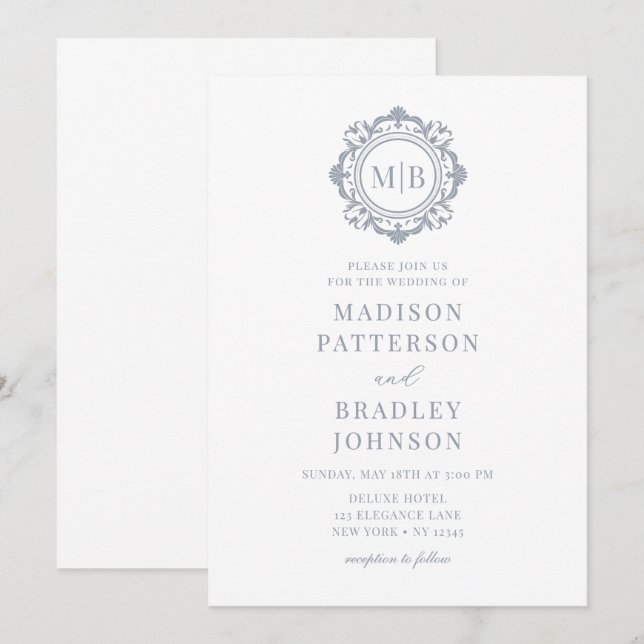 Invitation Monogramme Floral Orné Mariage Élégant Argent (Devant / Derrière)