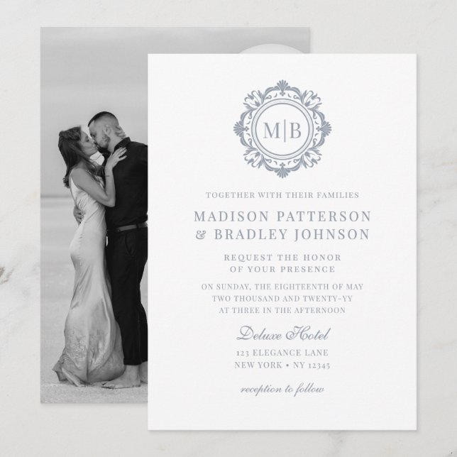 Invitation Monogramme Floral Orné Mariage Élégant Argent (Devant / Derrière)