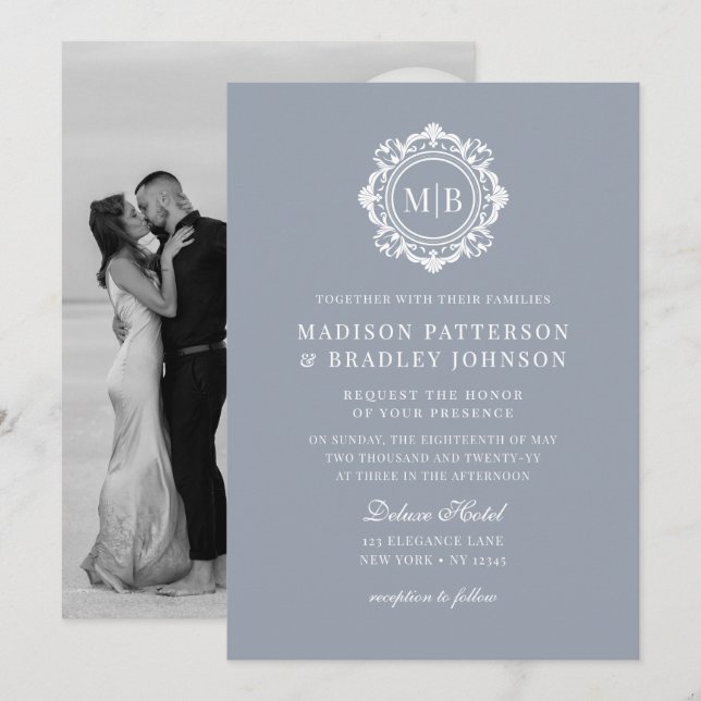 Invitation Monogramme Floral Orné Mariage Élégant Argent (Devant / Derrière)