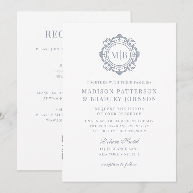 Invitation Monogramme Floral Orné Mariage Élégant Argent (Devant / Derrière)