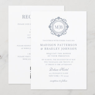 Invitation Monogramme Floral Orné Mariage Élégant Argent