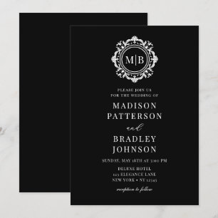 Invitation Monogramme Floral Orné Mariage Élégant noir blanc