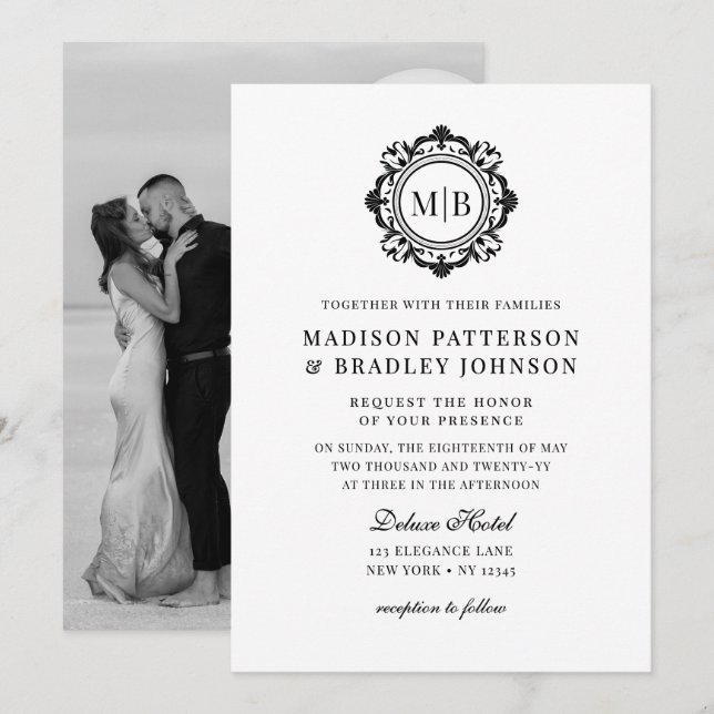 Invitation Monogramme Floral Orné Mariage Élégant noir blanc (Devant / Derrière)