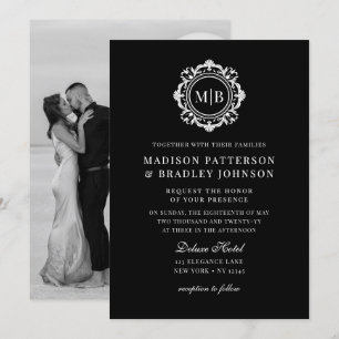 Invitation Monogramme Floral Orné Mariage Élégant noir blanc