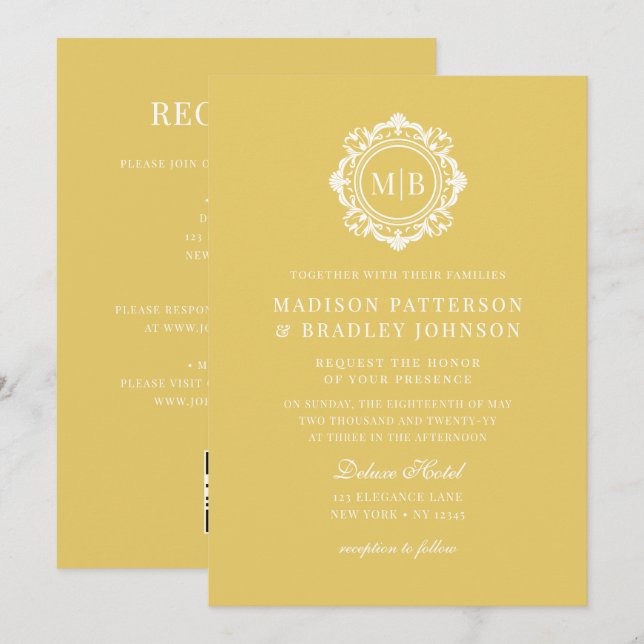 Invitation Monogramme floral orné Mariage or élégant (Devant / Derrière)