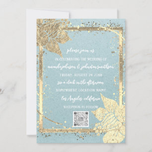 Invitation Monogramme Floral Photo Gold Frame QRCode Blue Kra