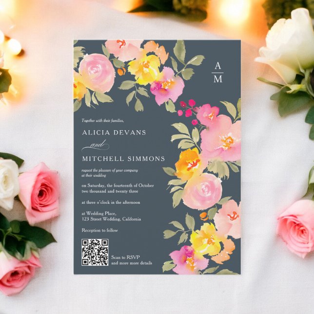 Invitation monogramme floral Qr code photo gris mariage (Floral monogram Qr code photo gray wedding Invitation)