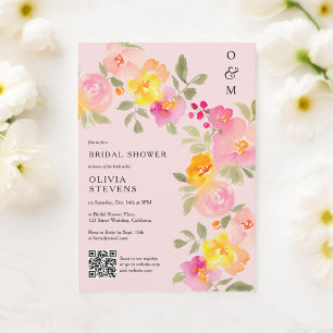 Invitation monogramme floral Qr code photo rose nuptiale douc