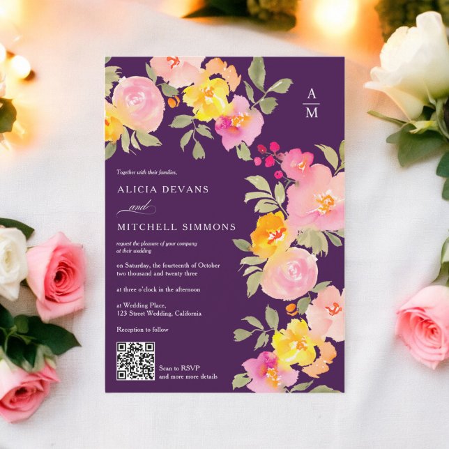 Invitation monogramme floral Qr code photo violet mariage (Floral monogram Qr code photo purple wedding Invitation)