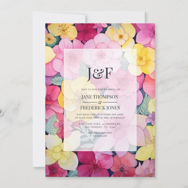 Invitation Monogramme floral rose et citron pour mariage (Devant)