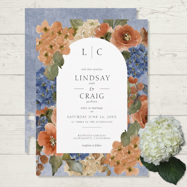 Invitation Monogramme Floral Rustique Bleu & Orange Brûlé (Créateur téléchargé)