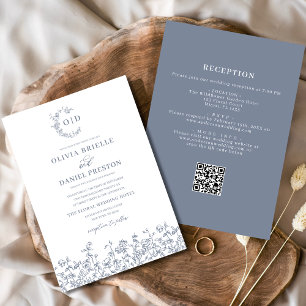 Invitation Monogramme floral tout en un Mariage bleu Dusty