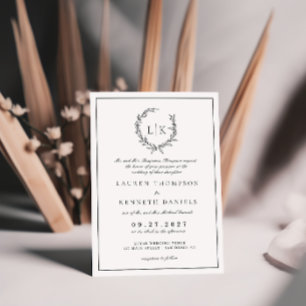 Invitation Monogramme Formel de Feuille de Couronne Noir Blan