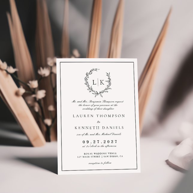 Invitation Monogramme Formel de Feuille de Couronne Noir Blan (Créateur téléchargé)