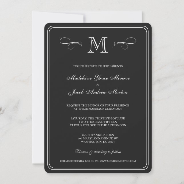 Invitation Monogramme Formel | Mariage Noir & Blanc (Devant)