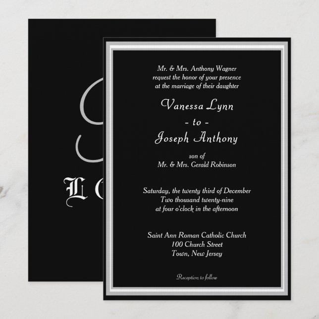 Invitation Monogramme Formel Noir Blanc (Devant / Derrière)