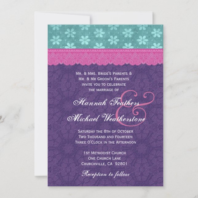 Invitation Monogramme G500D de Mariage de dentelle Turquoise, (Devant)