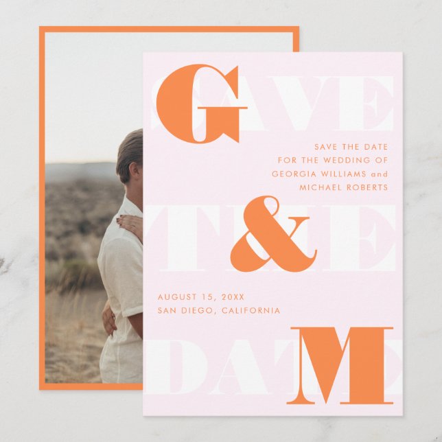 Invitation Monogramme géant Ampersand Peach orange rose Maria (Devant / Derrière)