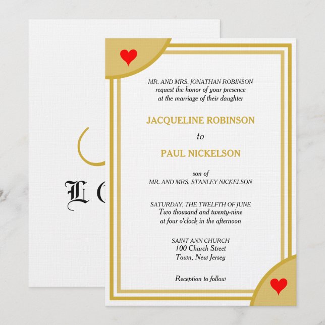 Invitation Monogramme Géométrique de Mariage Blanc Or Cœurs R (Devant / Derrière)