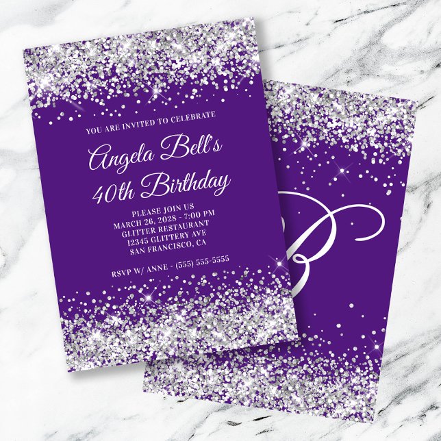 Invitation Monogramme Glitter Argent Violet Royal 40e Anniver (Silver Glitter Royal Purple Monogram 40th Birthday Invitation)