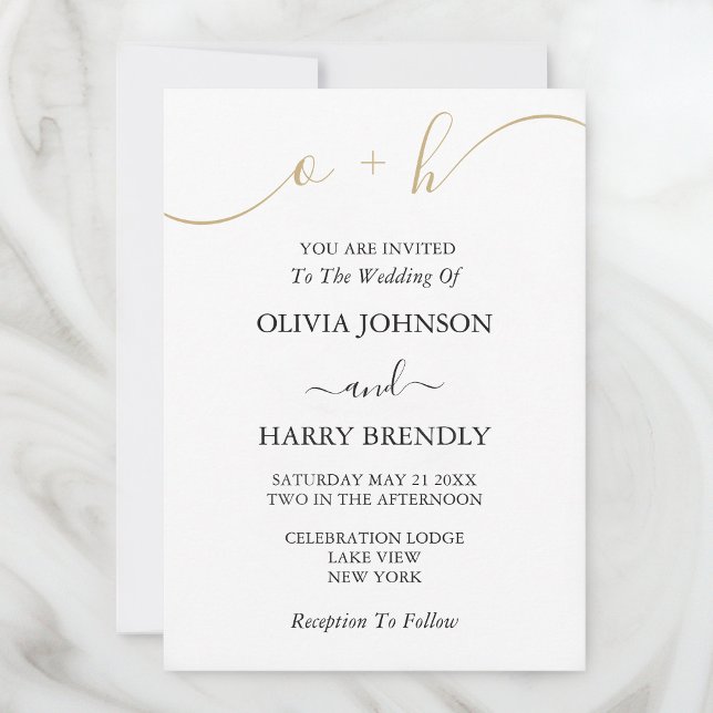 Invitation Monogramme Gold Script blanc (Stylishly Personalize with Your Monogram Initials & Custom Wedding Information.)