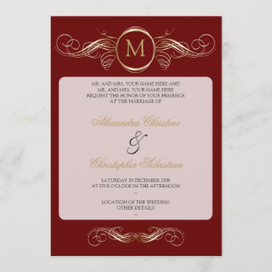Invitation Monogramme Golden Swirls Élégant Mariage rouge