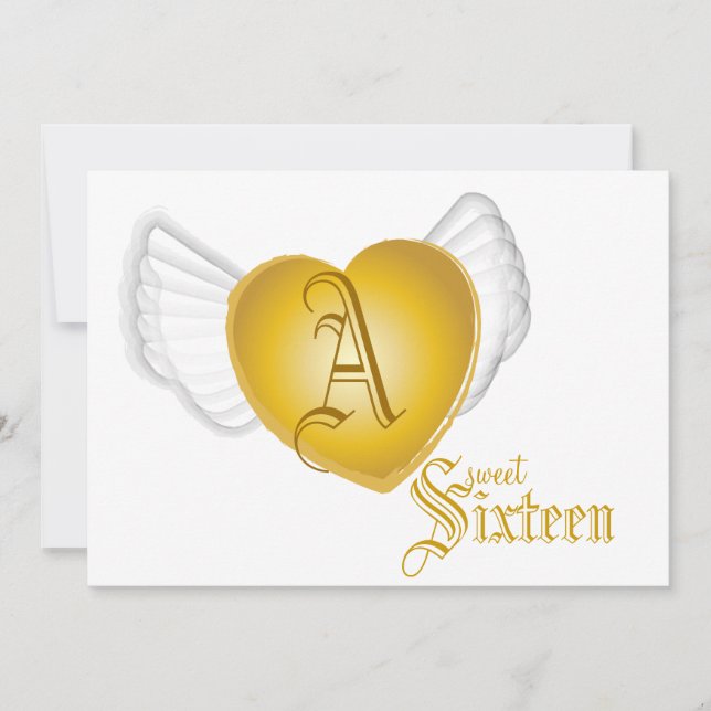 Invitation Monogramme Golden Winged Heart Sweet 16-Cust. (Devant)