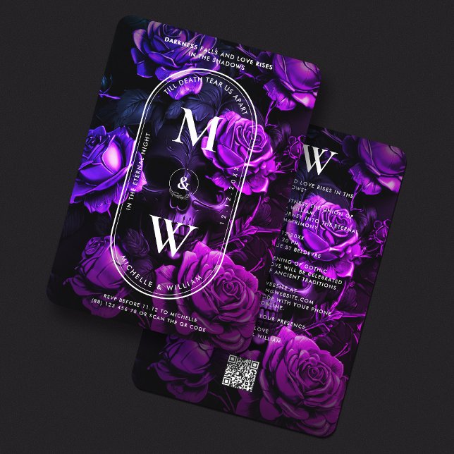 Invitation Monogramme gothique Mariage crâne foncé violet Ros (Gothic Monogram Wedding Skull Dark Purple Roses Invitation
)