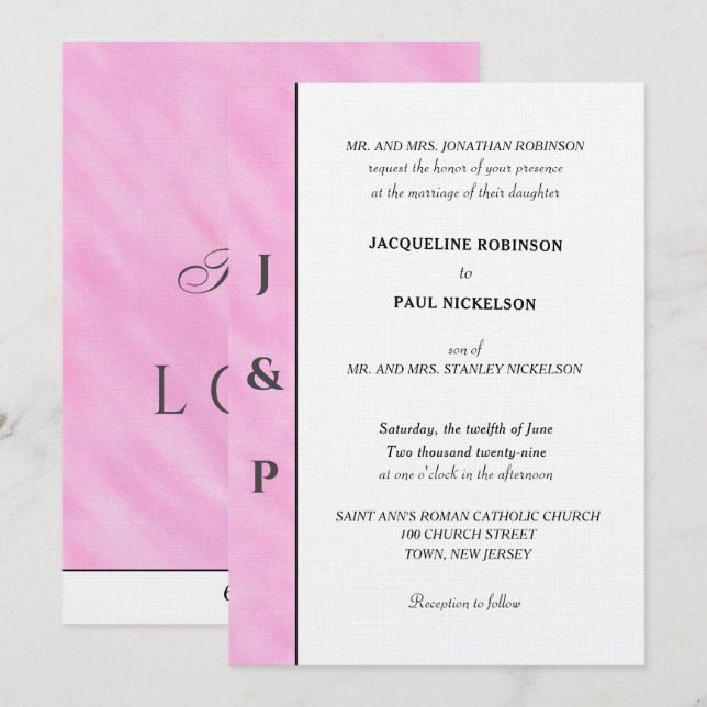 Invitation Monogramme Gris Aquarelle Rose Clair  (Devant / Derrière)