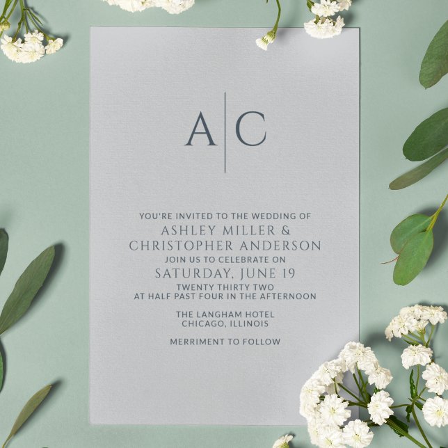 Invitation Monogramme gris bleu marine simple et acier Mariag (Créateur téléchargé)