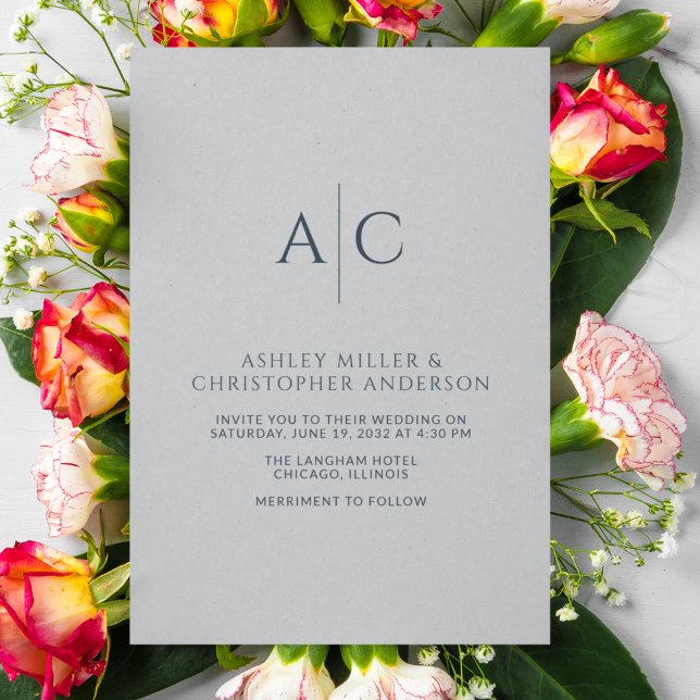 Invitation Monogramme gris bleu marine simple et acier Mariag (Créateur téléchargé)
