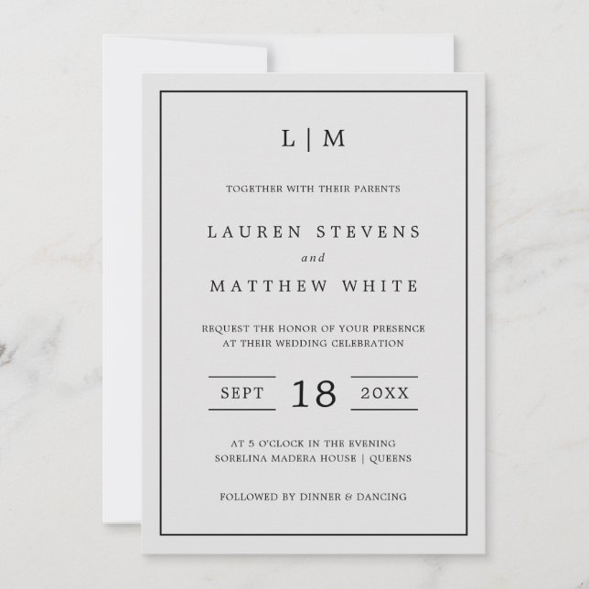 Invitation Monogramme gris clair simple Mariage élégant (Devant)
