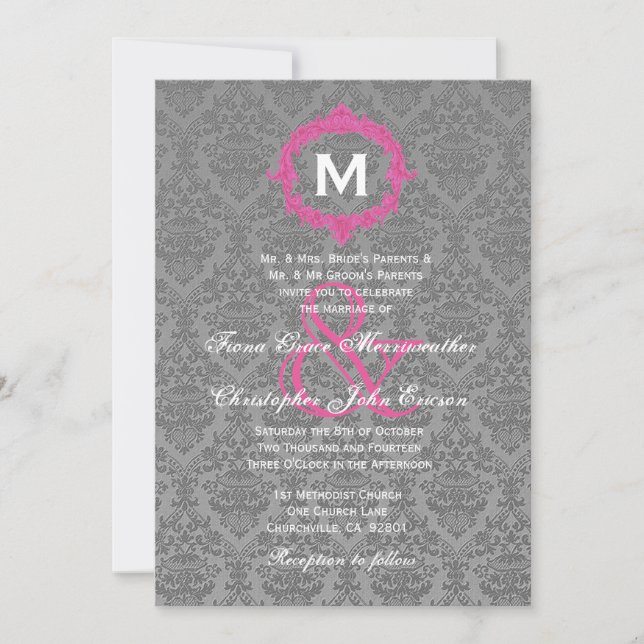 Invitation Monogramme gris et rose Damas Mariage V027B (Devant)